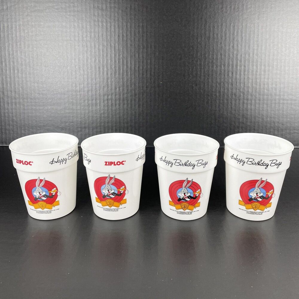 Vintage Ziploc Happy Birthday Bugs Warner Bros Plastic Cup Lot of 4